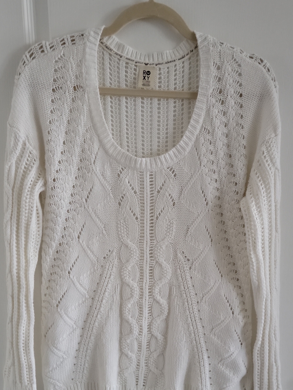 Roxy White Open-Knit Scoop Neck Cable Sweater